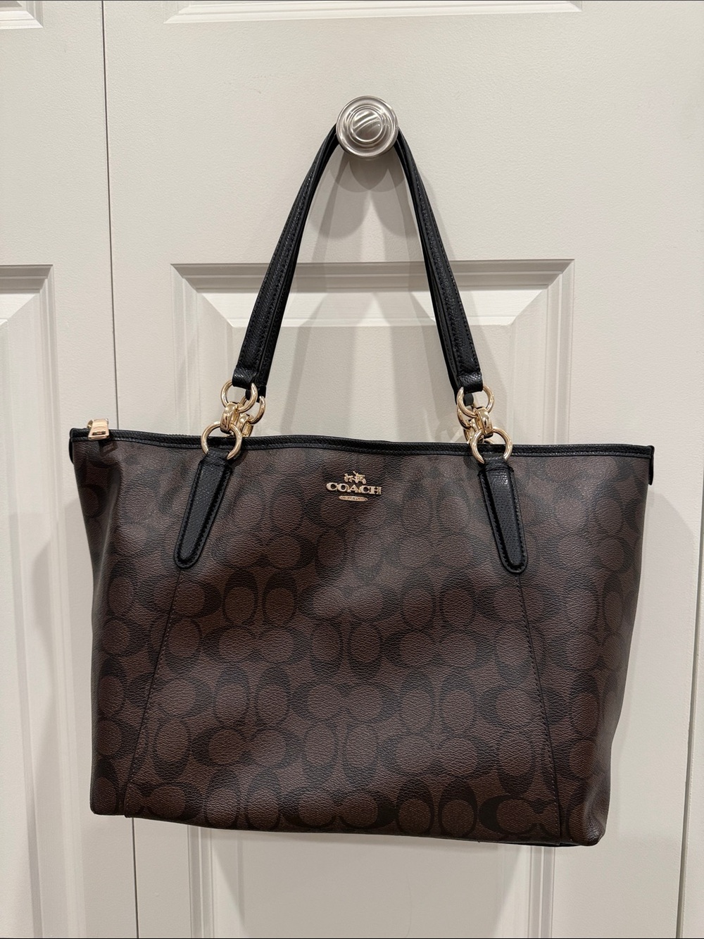 Coach Dark Brown Signature Tote with Black Handles